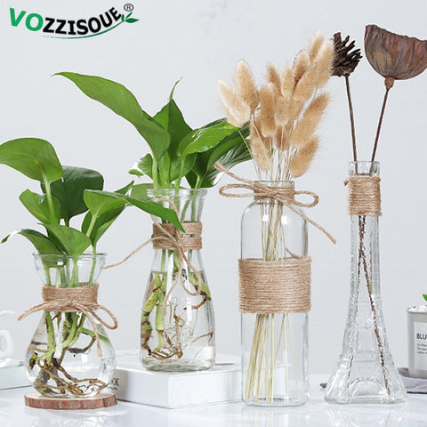 1-4PCS Hemp Vase Rope Transparent Glass Decorative Pots  Hydroponic Planter